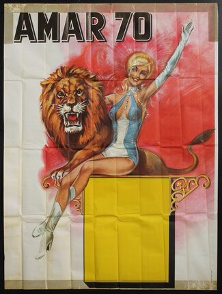 folded poster with illustration of a bejeweled show girl sitting on a yellow platform raising one gloved hand while holding a roaring lion in the other