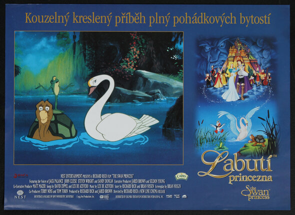 a movie poster for an animated cartoon with drawings of a swan, turtle and frog in a lake among other animation stills.