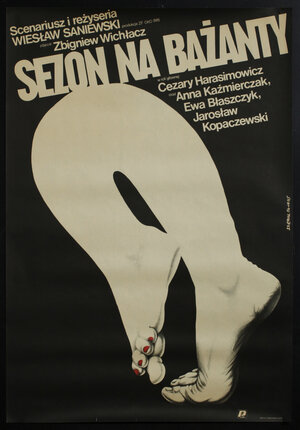 Polish movie poster with a surreal illustration of a pair of feet attached by a continuous arc of flesh and the title of the film and credits above.