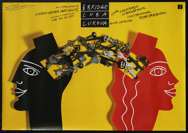 art exhibition poster with two paper cutout faces (a man and a woman) in profile connected by an arc of loose door keys flowing through open doors in their heads.