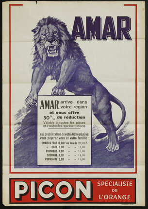 illustration of a lion, with ticket prices listed