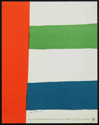 Lithographic poster with three colorful stripes. Red is vertical and on the left edge. Green and blue are horizontal. 