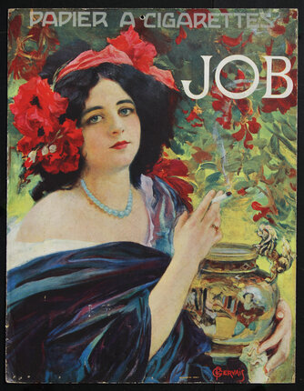 poster of a woman with a floral headpiece smoking and holding a decorated urn 