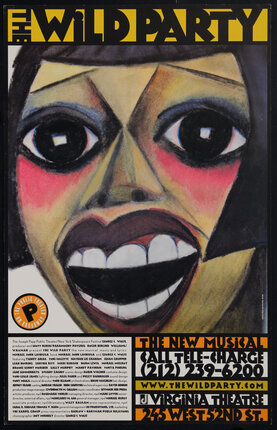 theatre poster with text and a stylized cubist illustration of a face with giant eyes screaming