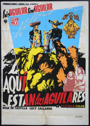 a poster with a couple of men on a horse