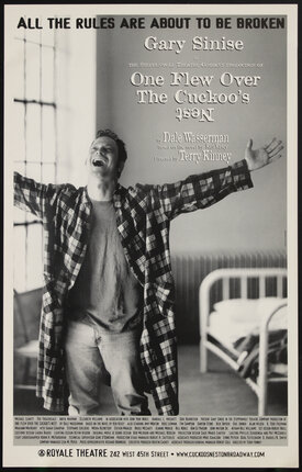 Theatre poster with Gary Sinse (as protagonist Randle Patrick McMurphy) in a flannel plaid robe in a psychiatric ward with his arms outstretched.