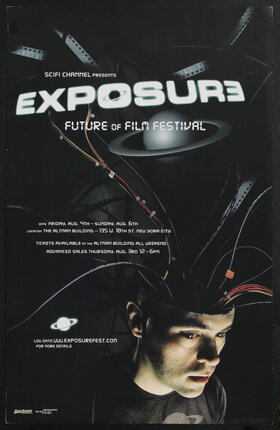 poster with a boy who has the top of his head cut open with wires, film strips, and a ringed planet flowing out of it.