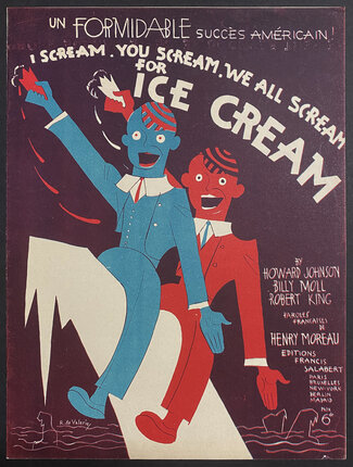 sheet music cover illustration with two cartoon men sitting on an iceberg holding cones in their hands