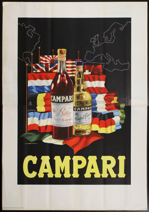 a poster of  liquor bottles, flags, and a map of europe