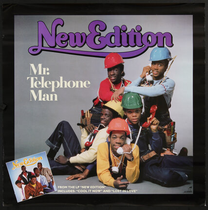 music poster with a group photo of the young black men of the band New Edition dressed as telephone repair men.