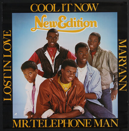music poster with a group photo of the young black men of the band New Edition in windbreaker style jackets