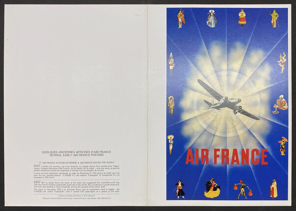Air France card with an illustration of a plane in the center radiating beams toward various people in regional costumes from around the world