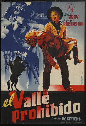 a movie poster with a cowboy holding a fainted woman wearing horse riding clothes