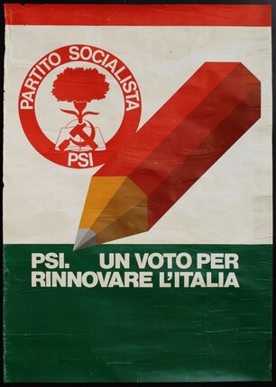 italian political get out to vote poster with a large pencil and the colors of the Italian flag red, green, and white