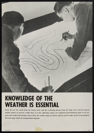 poster with men drawing on a weather patterns chart map