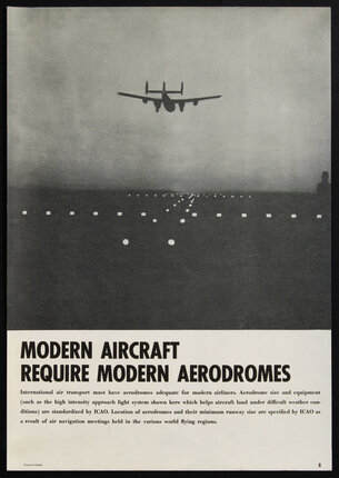 poster with an airplane coming in for a landing toward a lit runway with a foggy sky in the horizon