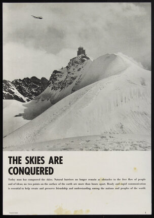 poster with an airplane in the distant sky flying over a snowy mountain terrain with a control tower on one of the peaks.