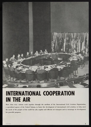 poster with a photograph of a meeting of the leaders of the United Nations at a large round table