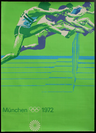 a poster of runners jumping a hurdle