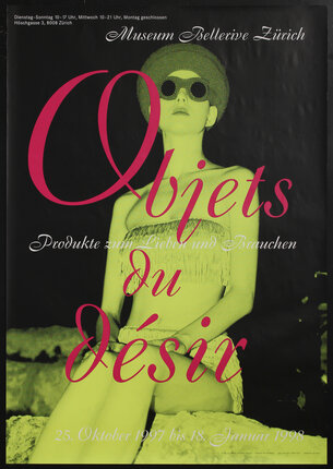 poster with a woman in a tasseled bikini wearing unusual sunglasses and a hat