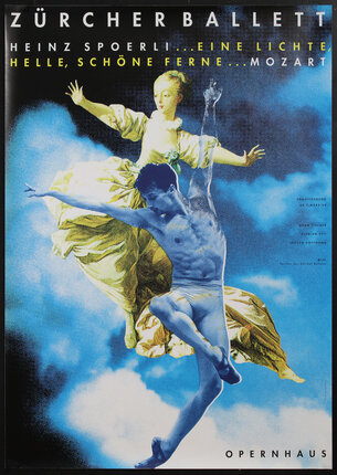 poster with a surreal collaged image of a male ballet dancer leaping in front of a Classical period woman with sky and clouds behind them. 