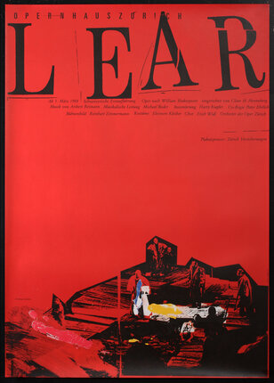 poster with abstract figures on a stage and black text on red background