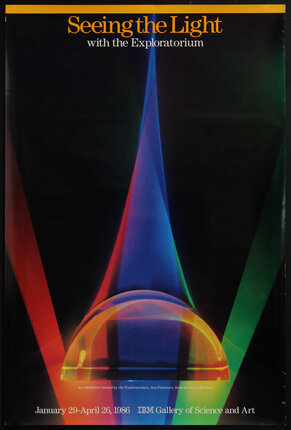 poster with a glass dome refracting red, blue, and green rays of light.