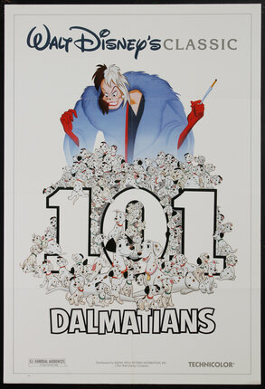 a movie poster of the cartoon character Cruella Deville lording over many Dalmatian puppies and their two parents.