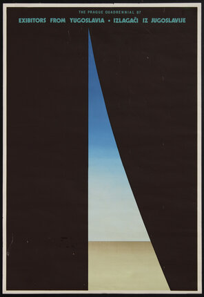 Poster with a curtain silhouette  slightly open showing a horizon line.