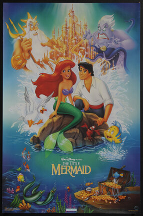 movie poster with cartoon characters of a mermaid and a prince on a rock in water