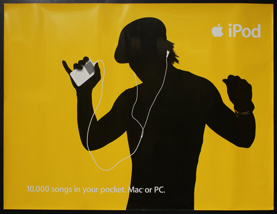 a poster with the silhouette of a man holding an ipod