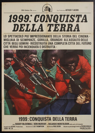 movie poster that looks like a newspaper headline with an image of ape people prodding a human with the butts of rifles.