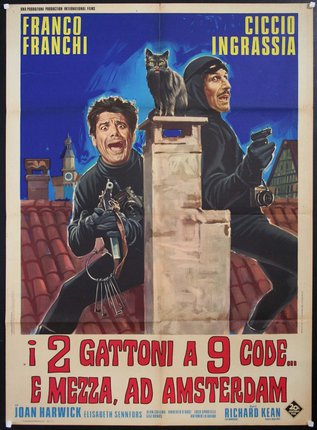 a movie poster of two men holding guns and a cat on a chimney