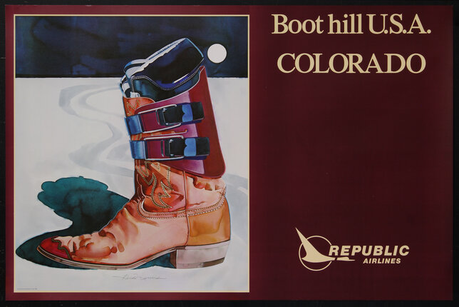 a poster with an illustration of a boot that is half cowboy boot and half ski boot