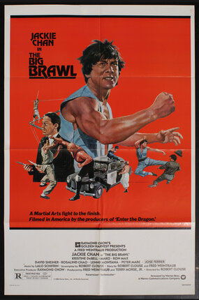 movie poster with an illustration of Jackie Chan making a fist and smaller fighting vignettes surrounding.