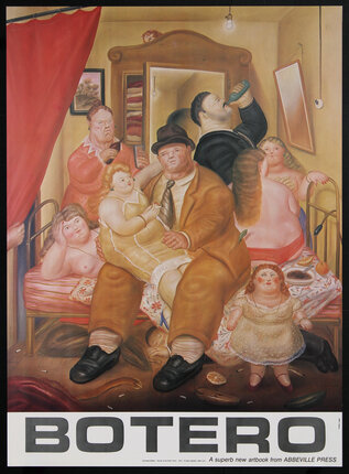 surreal painting of many chubby people having a party in bed