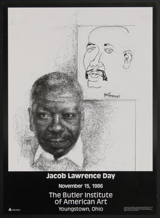 poster with an illustration of a Black man (Jacob Lawerence) and an abstract drawing behind him