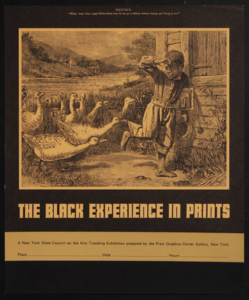Poster with an illustration of a distress Black child holding books while being harassed by white geese.