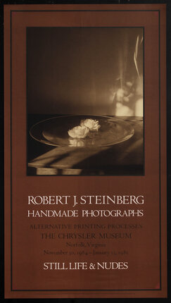 poster with a still life of two rose heads on a platter casting a shadow