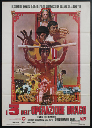 movie poster with Bruce Lee holding Nunchaku, otherwise known as nunchucks.
