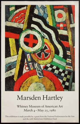 poster with abstract art with crosses, badges, checkers, waves, and circles