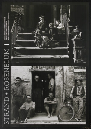 poster with two black and white photographs one on top of the other. top shows children playing on a new york stoop. bottom shows old-world barefoot men and one old woman in a rustic doorway.