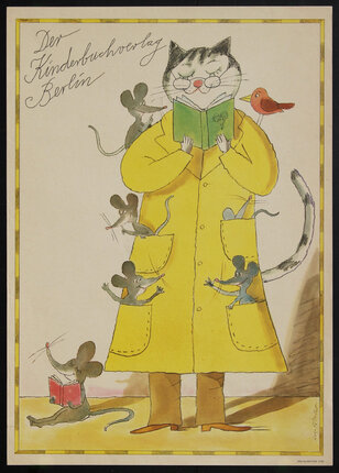 cartoon illustration of a cat reading a book with many mice in its pockets