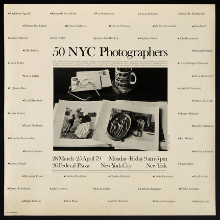 poster with names listed and a photograph of a photo-book on a desk with eye glasses, letters, and a mug