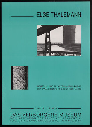 poster with a black and white photograph of a bridge and an industrial building with