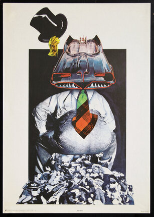 poster with a surreal collage of a giant man with a car as a head sitting on a mass of comatose people piled on top of each other