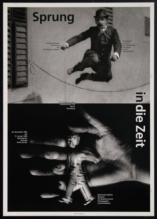 poster with two black and white photographs one of a man leaping and other of a hand holding a toy.