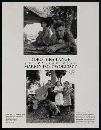 Poster with two black and white photographs of 1930s drought refugees and farming migrants.