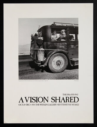 Poster with a black and white photograph of 1930s drought refugee children looking out from the back of a big automobile.