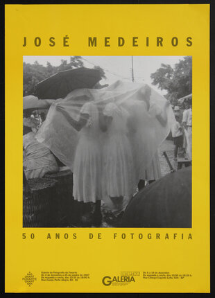 poster with a black and white photo of three girls in white dresses sheltering from the rain under a translucent plastic tarp